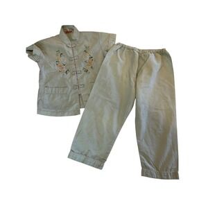 VTG 1980's Kids Plum Blossoms Pajama Set Size 4 Light Green Embroidered Cotton